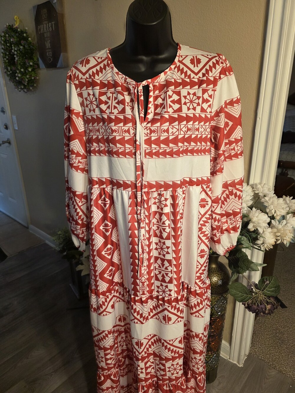 Red & White Printed Maxi Dress with Tie Neck